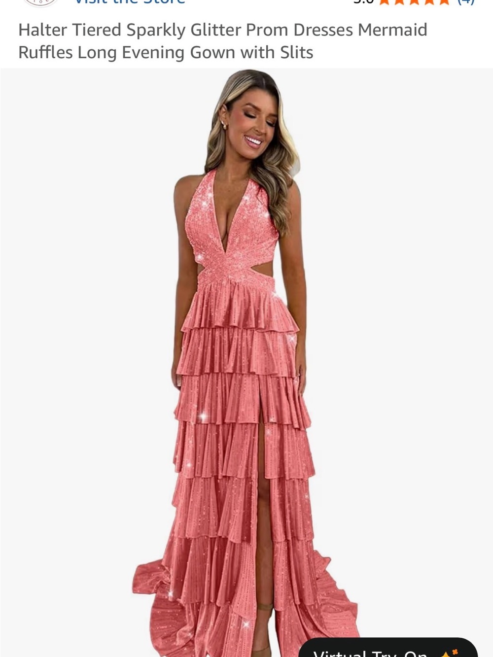 NWT Halter, Cut-Out, Tiered, Sparkly Ruffle Formal / Prom Dress in Coral Pink, 2
